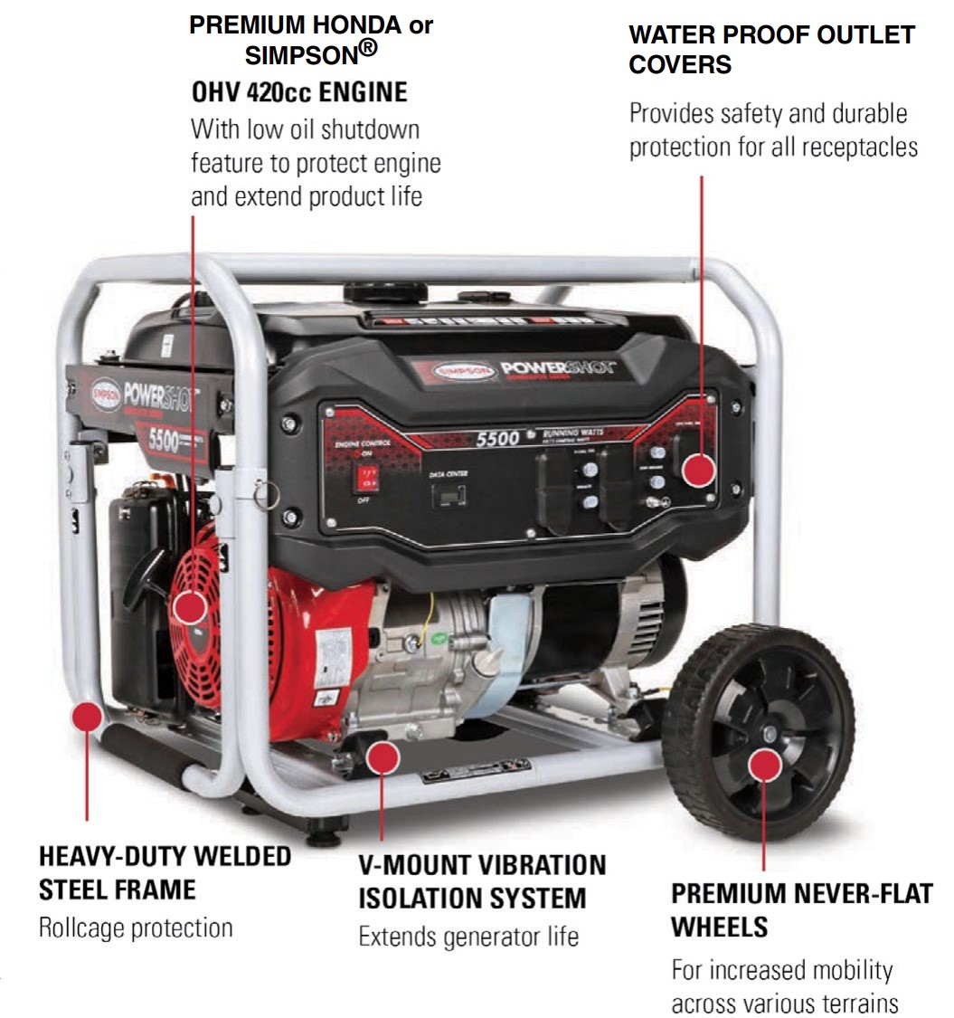 Picture of Portable Generator, Commercial Series, 4,500 Start Watts, 3,600 Run Watts, Simpson CRX Engine, Recoil Start, 120 Volts