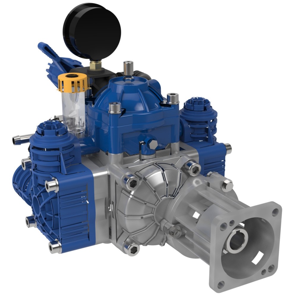 Picture of Diaphragm Pump, Medium Pressure, Poly Body, with Gearbox & Pressure Control, 7.1 GPM, 290 PSI, 3450 RPM,  3/4" Hollow Shaft, 1" Inlet, 1/2" Outlet, 2 HP